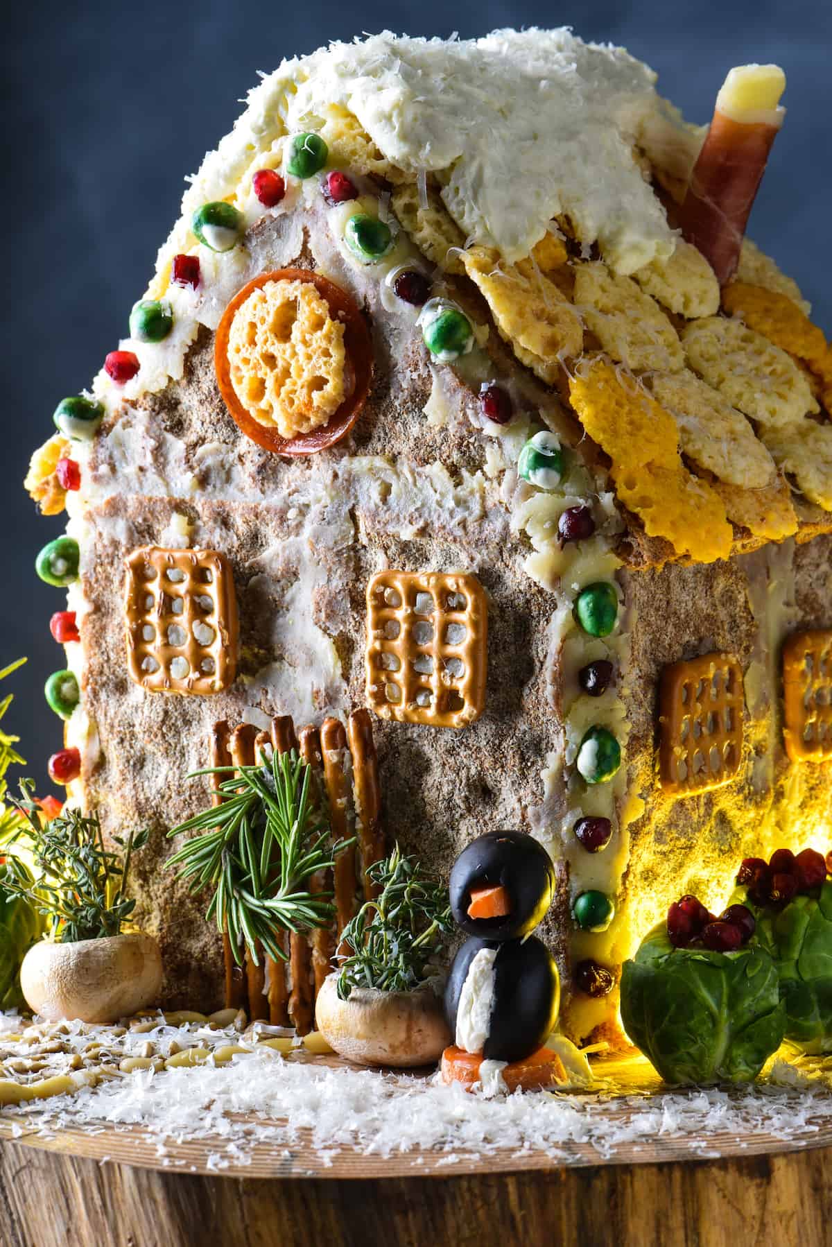 Closeup photo of a charcuterie chalet on a wooden stand.