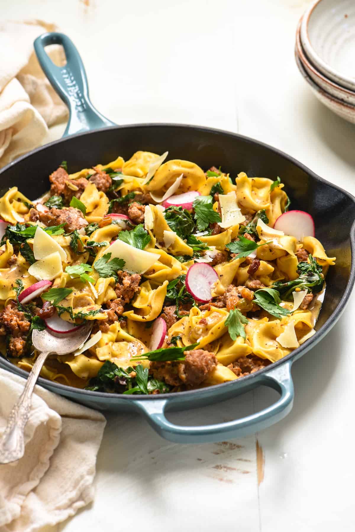 This One Pan Sausage & Tortellini can be on the table in minimal time with minimal dishes. It's a perfect balance of creamy, spicy and sweet, and there's tons of hidden veggies, too!  | foxeslovelemons.com