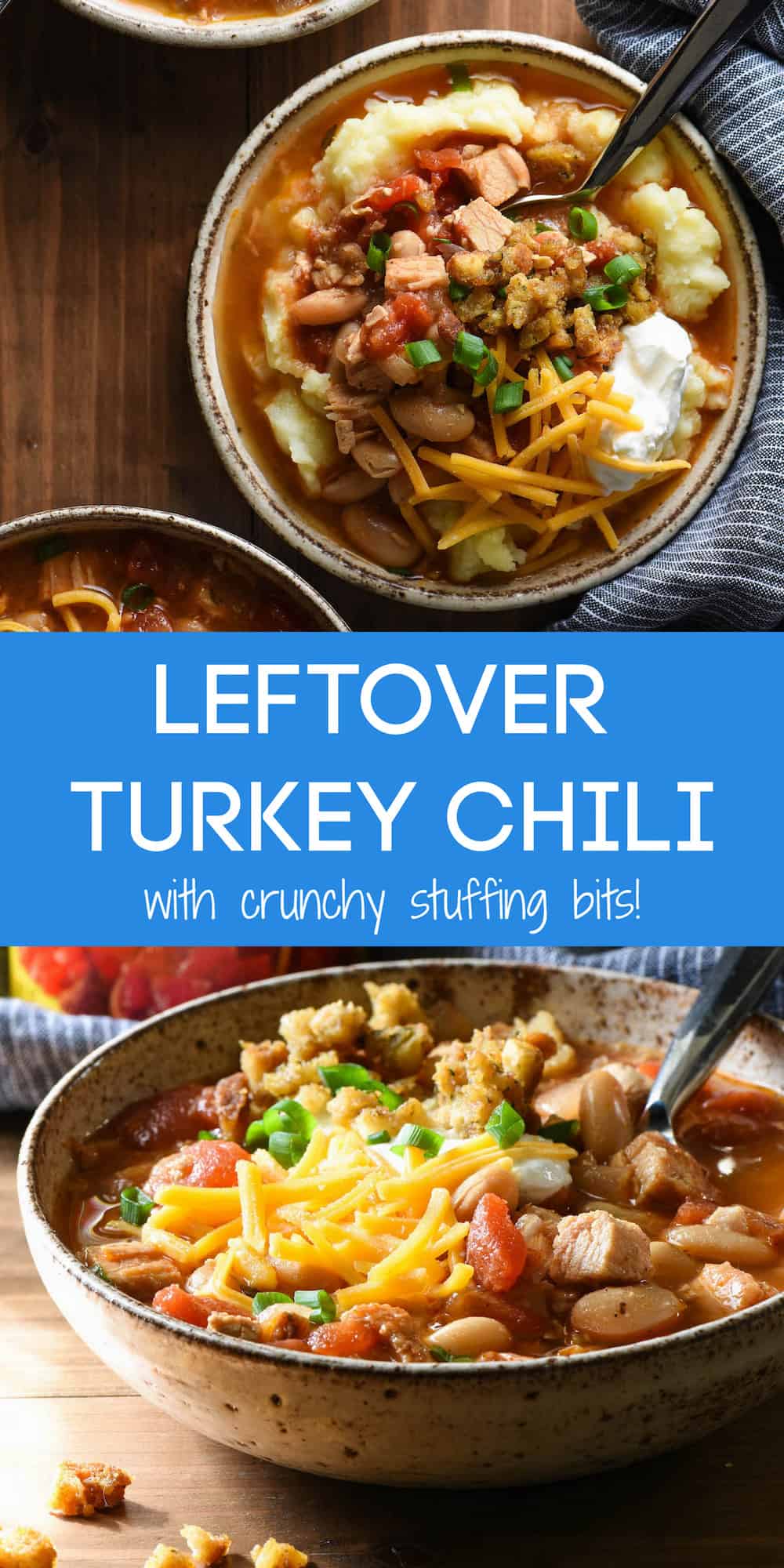 This Leftover Turkey Chili recipe lets you use up almost all of your Thanksgiving leftovers in one bowl! Easy turkey chili is spooned over mashed potatoes and topped with Crunchy Stuffing Bits! | foxeslovelemons.com