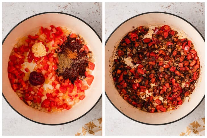 Before and after photos showing spices being stirred into a sauteed vegetable mixture in a white Dutch oven.