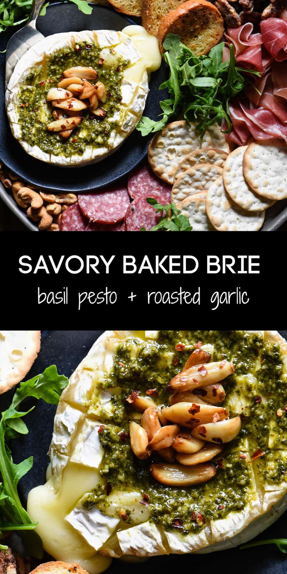 Everybody loves melted cheese, and this Savory Baked Brie takes it to the next level. Baked brie is topped with basil pesto and roasted garlic. | foxeslovelemons.com