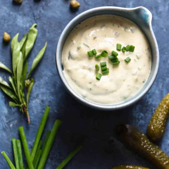 Looking for a tried and true homemade tartar sauce recipe? This one is adapted from culinary school, but is simple enough for anybody to make at home! | foxeslovelemons.com