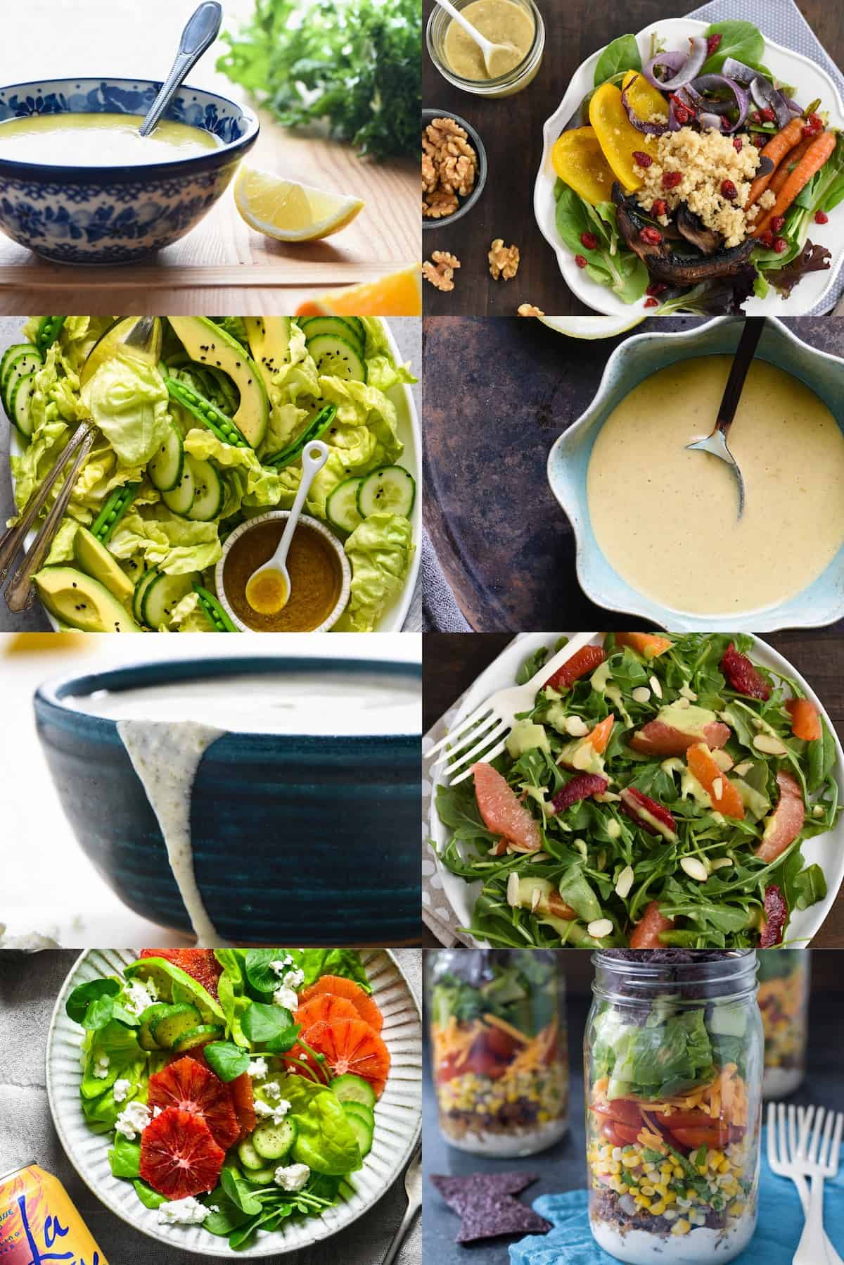 Collage of eight homemade healthy salad dressings and salads.