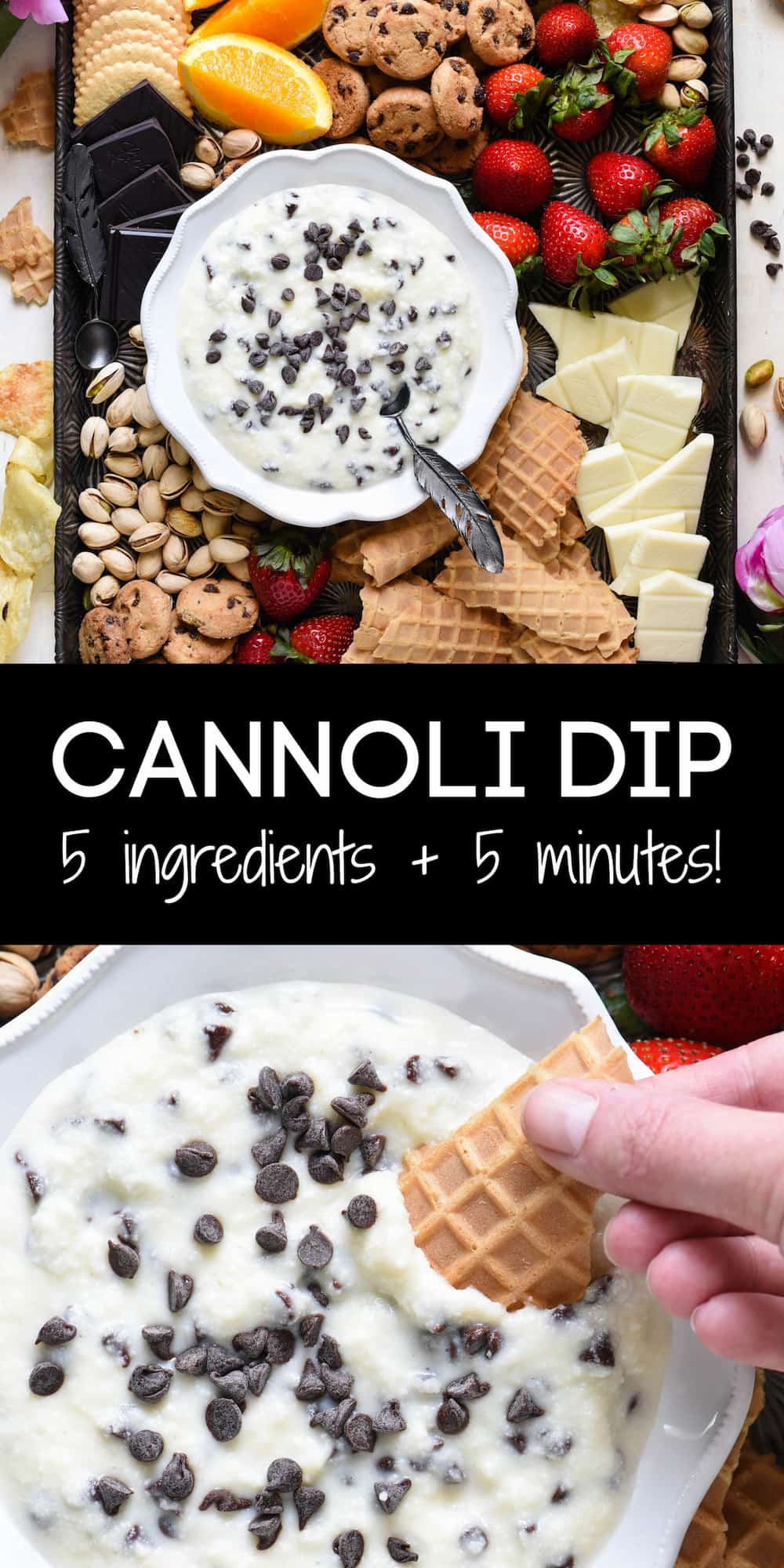Collage of creamy dessert dip images with overlay: CANNOLI DIP 5 ingredients + 5 minutes!