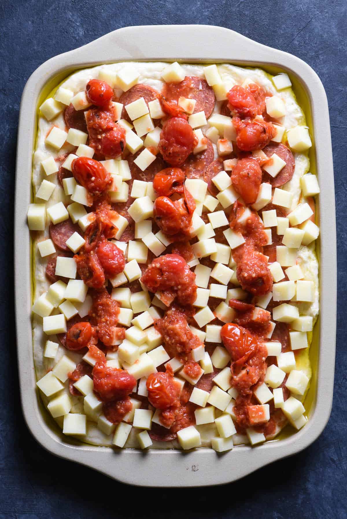 Detroit style pizza recipe, before baking.