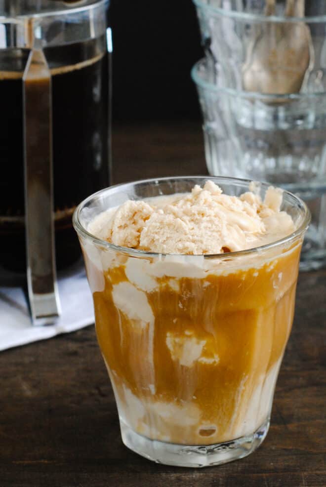Small glass of coffee affogato made with ice cream.