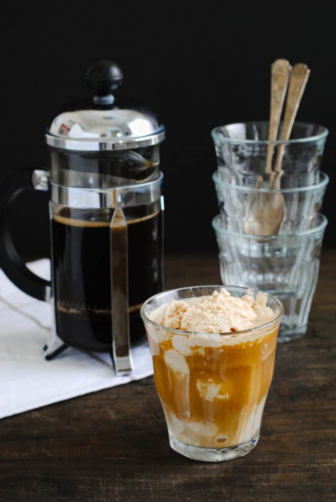 Small glass of affogato made with coffee and ice cream.