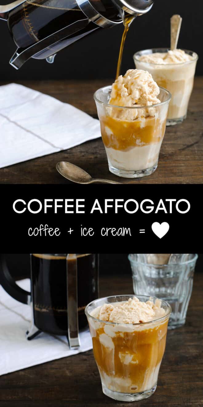 Collage of images of a coffee and ice cream dessert with overlay: COFFEE AFFOGATO coffee + ice cream = heart.