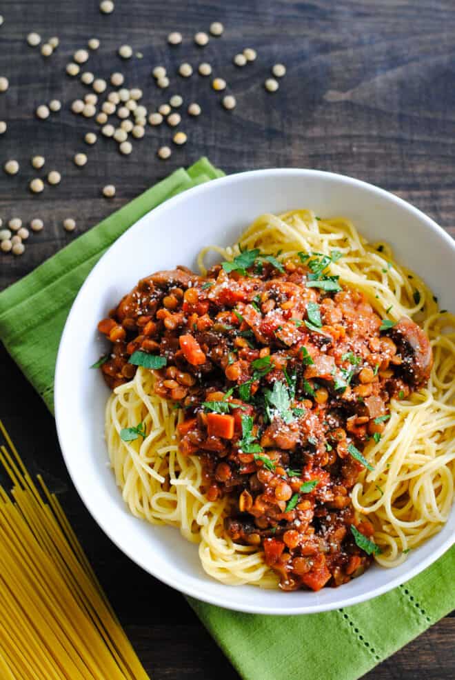 Spaghetti topped with lentil and mushroom ragu.