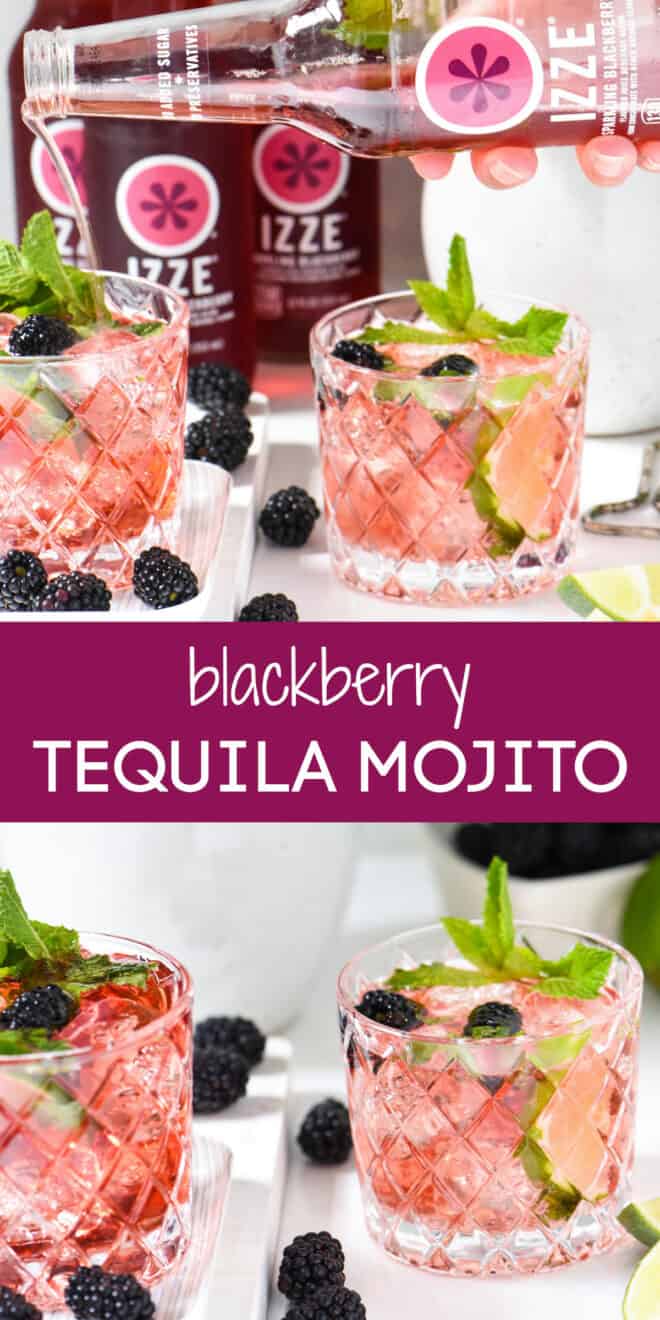 Collage of images of tequila cocktail with overlay: blackberry TEQUILA MOJITO.