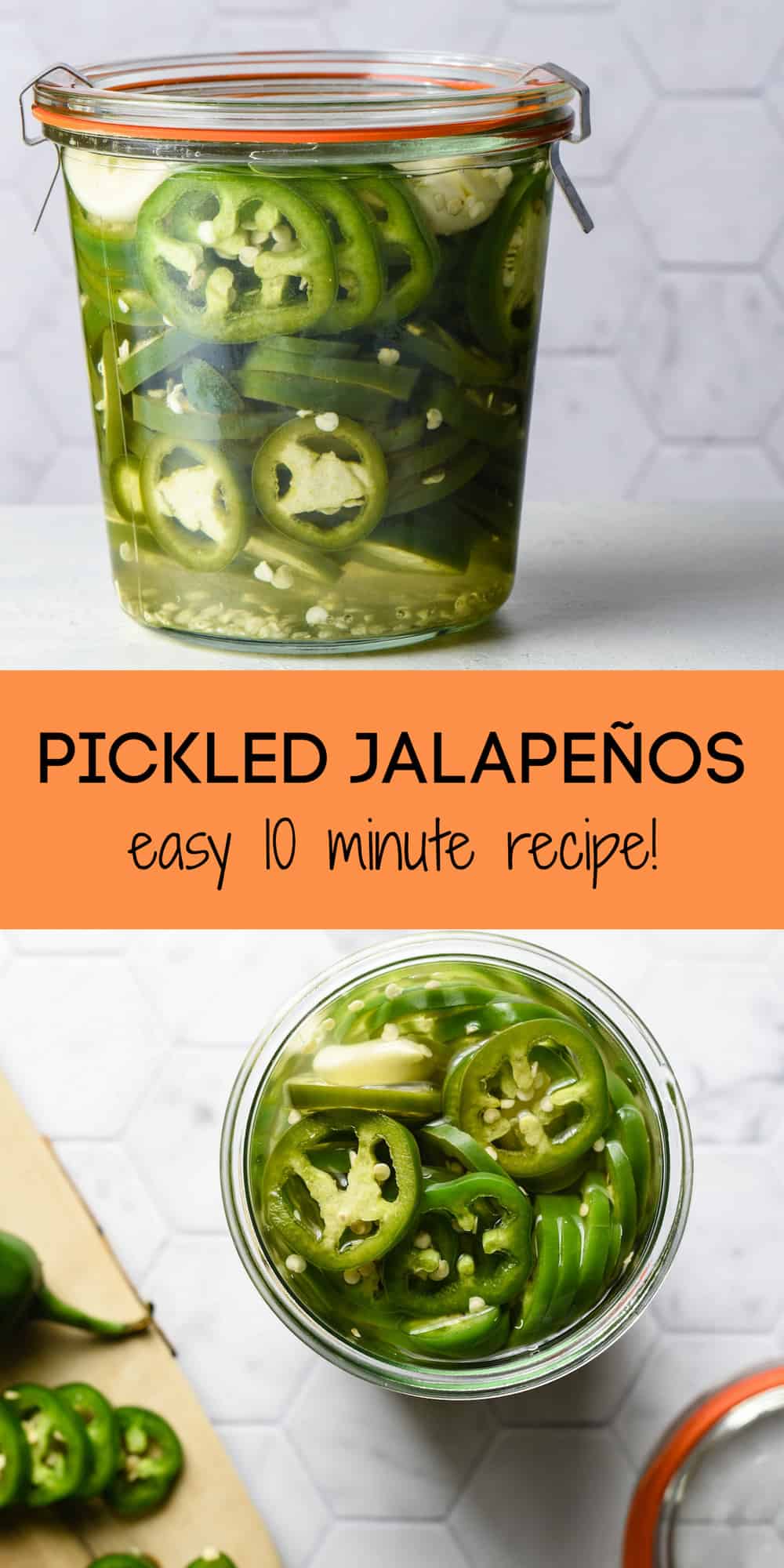 Collage of images of pickled jalapenos against light background.