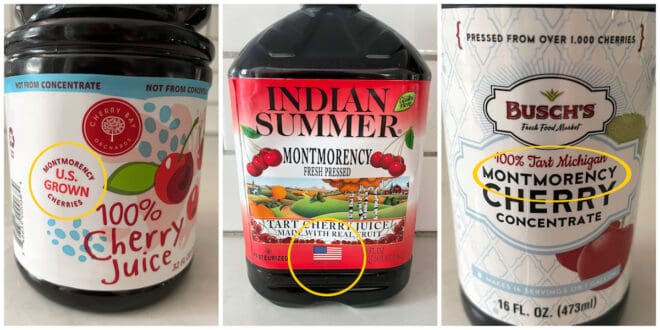 Collage of images of USA grown Montmorency tart cherry juice.