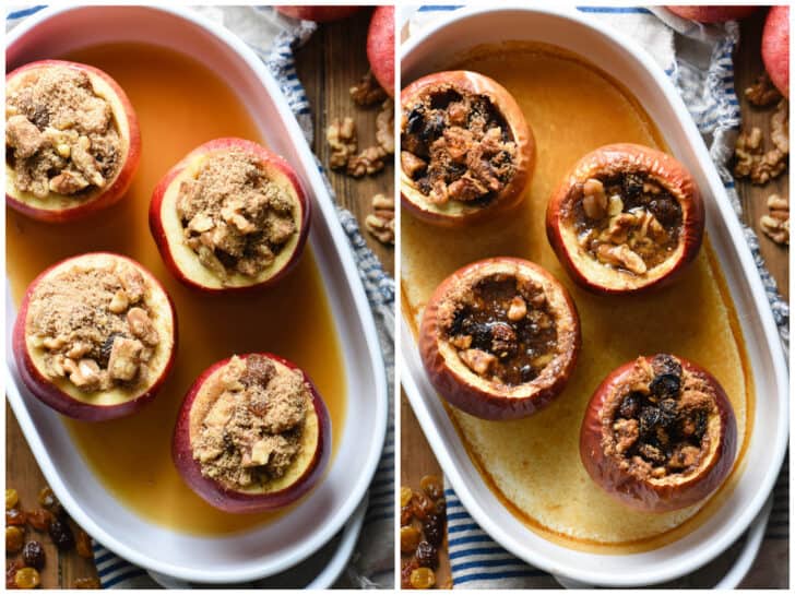 Before and after baking images of a baked apple recipe.
