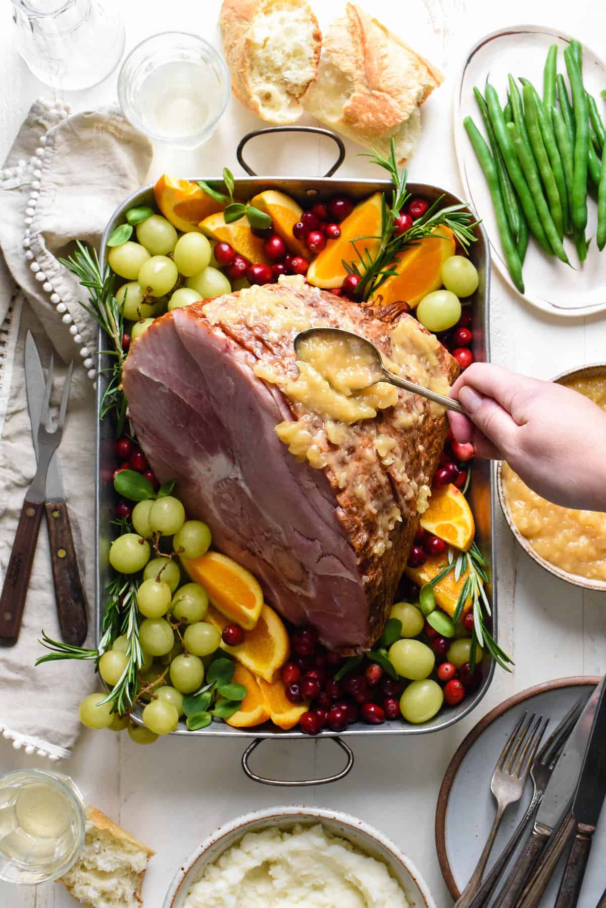 Holiday Baked Ham with Charred Pineapple Bourbon Glaze