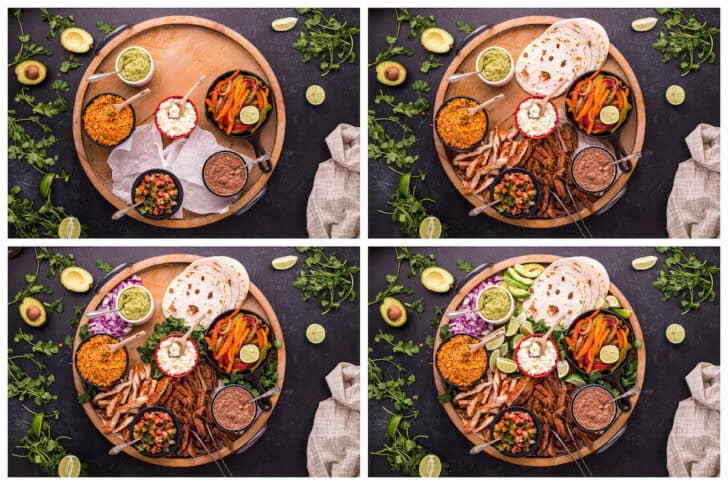 Four images showing the process of building a fajita topping bar on a round wooden board.