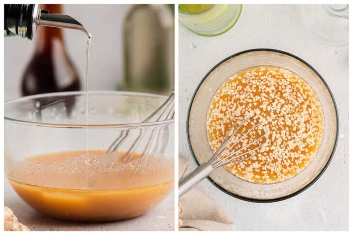 Two images showing oil and then white seeds being added to a vinaigrette mixture.