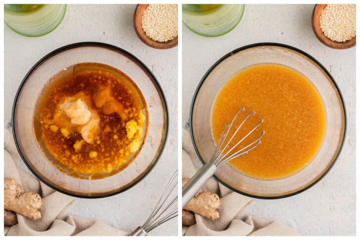 Before an after photos showing brown ingredients being whisked together in a glass bowl.