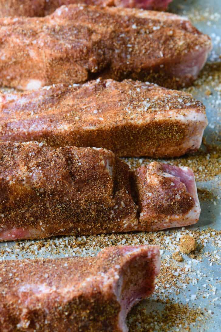 Pork pieces rubbed with a red spice blend.