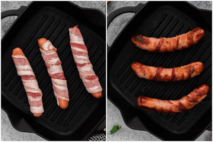 A grill pan with before and after photos of bacon wrapped frankfurters cooking.