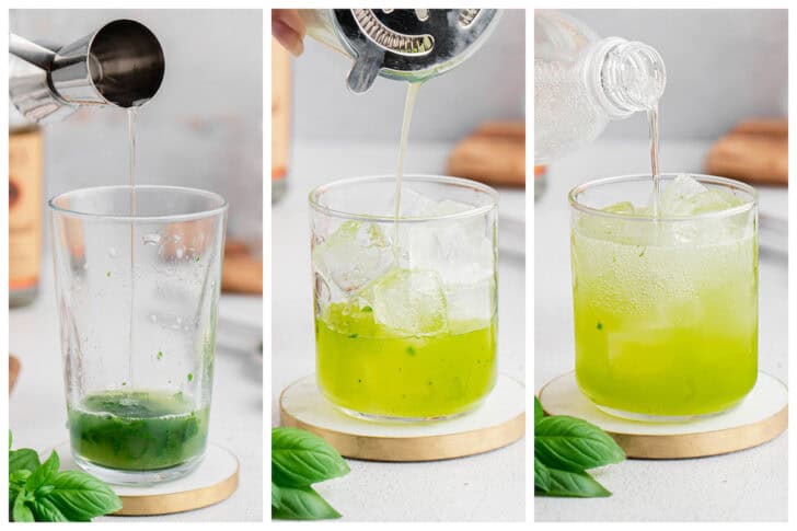 Three photos showing the process of shaking and straining a green vodka drink.