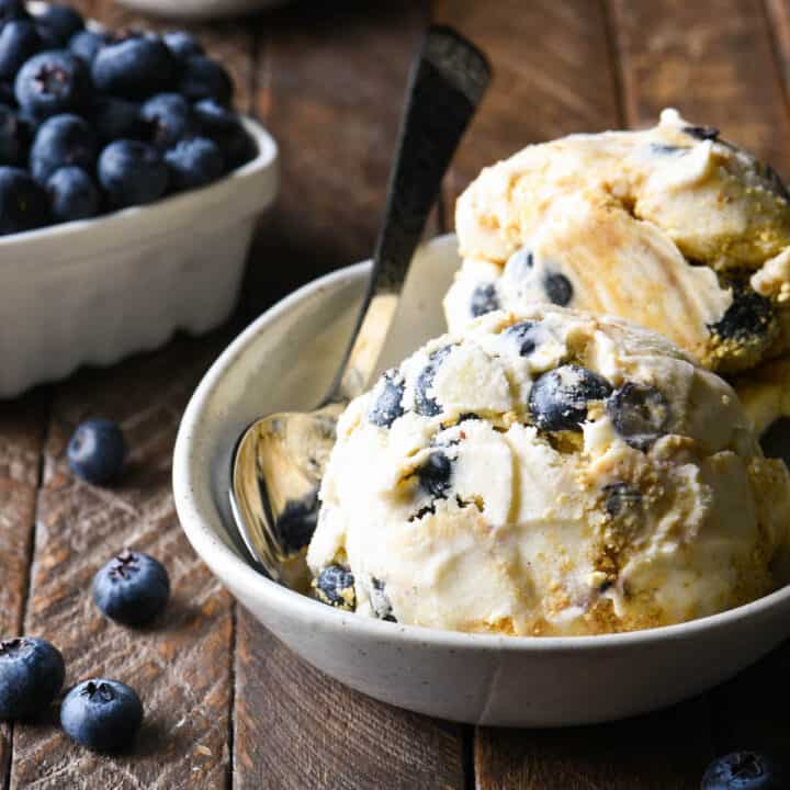 Small oval dish filled with scoops of blueberry cheesecake ice cream, with a bowl of blueberries and a dish of honey in the background.