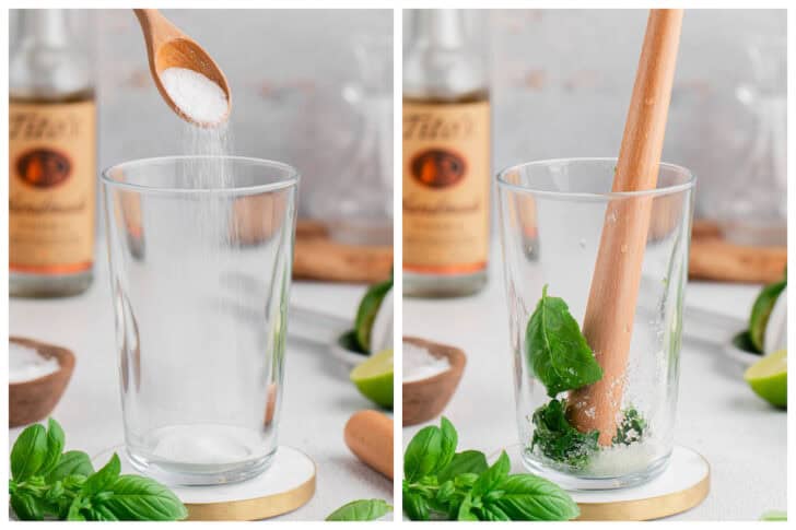 Two photos showing the process of muddling drinks with herbs and sugar.