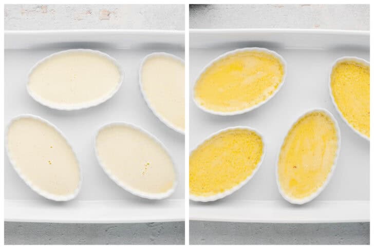 Before and after photos showing creme brulee ramekins being baked.