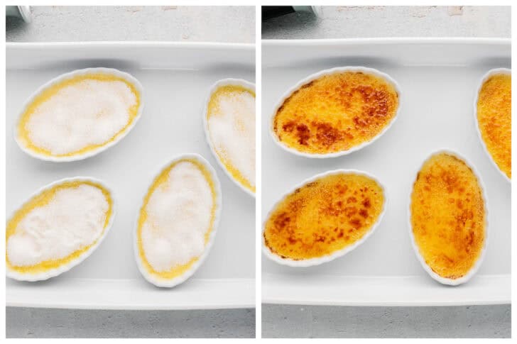 Before and after photos showing servings of coconut creme brulee being torched.