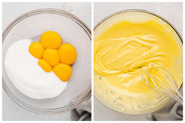 Before and after photos showing eggs and sugar being whisked together in a glass bowl.