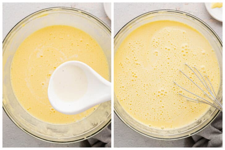 Before and after photos showing eggs being tempered with hot cream in a glass bowl.