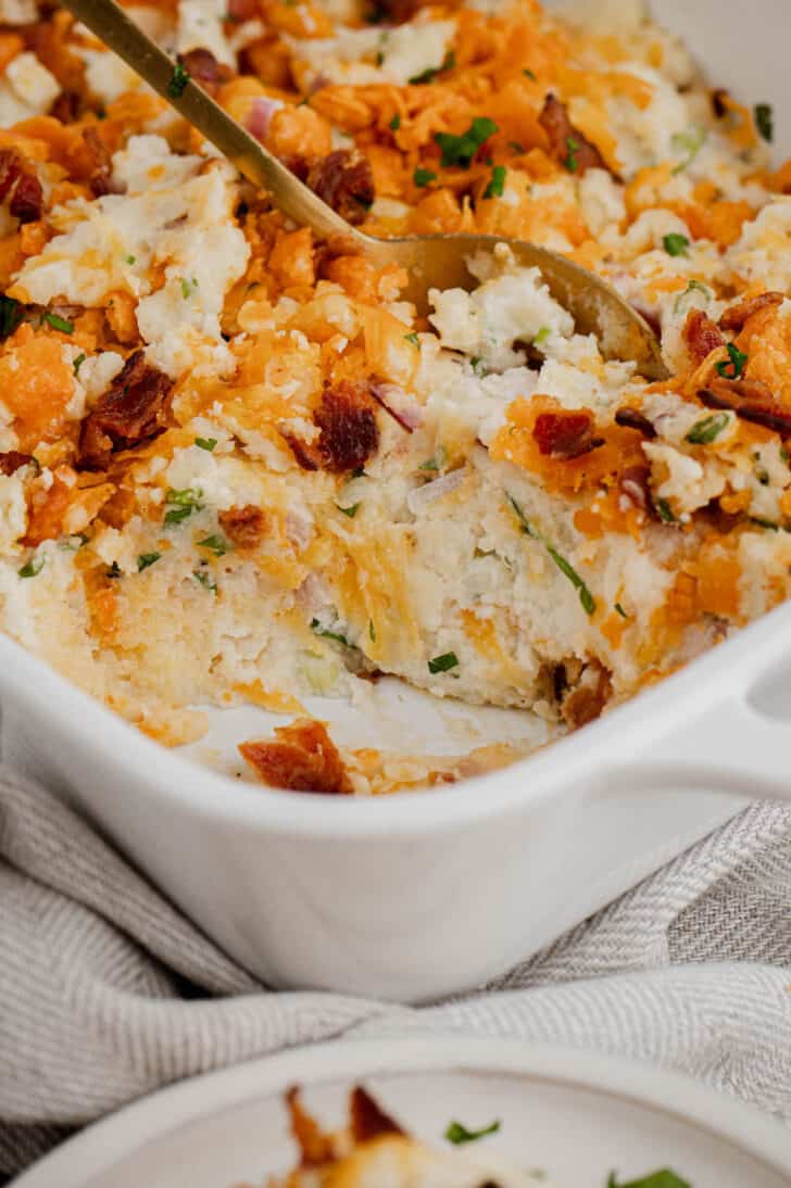 A baked hot dish made with spuds, bacon, cheese and onions.