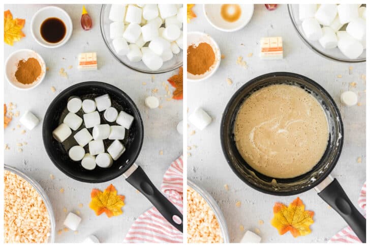 Before and after photos showing marshmallows being melted in a saucepot.