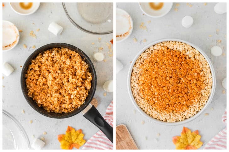 Before and after photos showing orange cereal treats being pressed into the center of a cake pan.