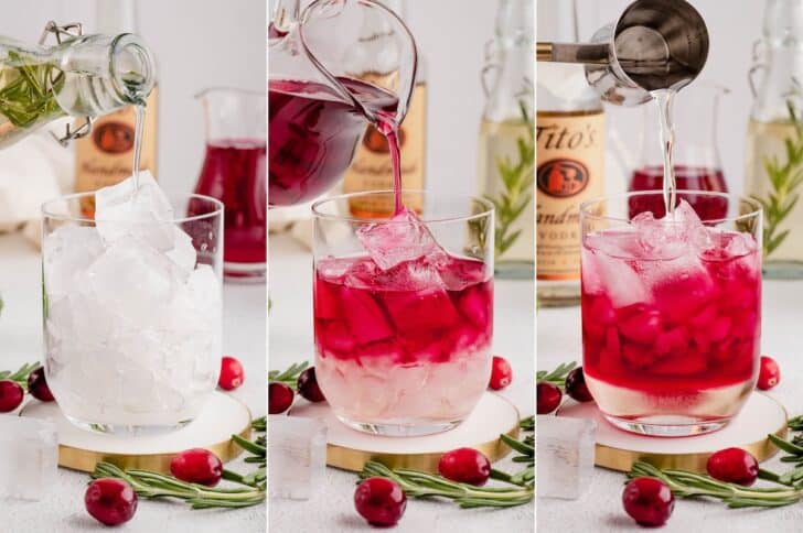 Three-step process of making a cranberry cocktail: filling a glass with ice, pouring in cranberry juice, then adding vodka from a jigger, with rosemary sprigs and fresh cranberries alongside
