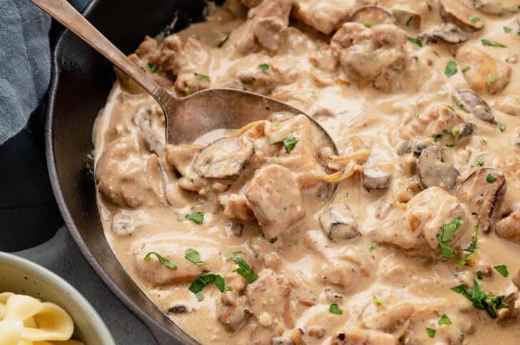 A spoon scooping chicken mushroom stroganoff.