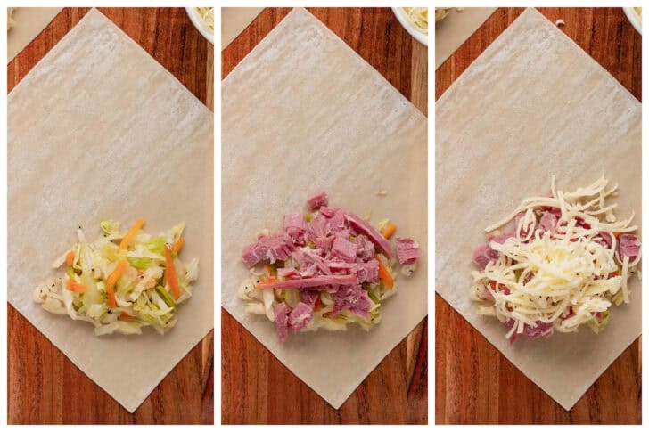 Three photos showing the process of layer corned beef egg rolls.
