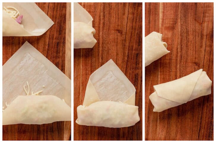 Three photos showing the process of rolling cornbeef egg rolls.