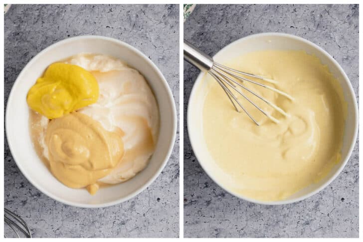 Two photos showing a creamy mustard sauce being whisked together.