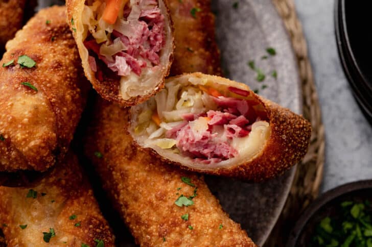 Crispy fried wrappers filled with deli meat, cabbage and cheese.