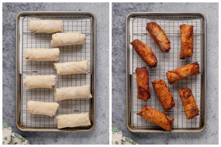 Before and after photos of corn beef egg roll being fried.