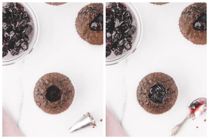 A before and after collage of a chocolate cupcake being hollowed out with a pastry piping tip, and filled with a dark cherry jam mixture.