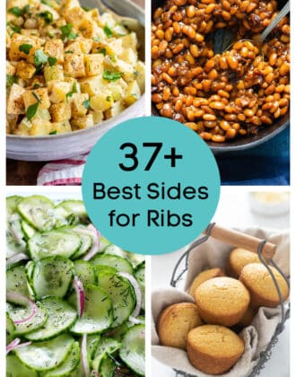 A collage of four images, including potato salad, baked beans, cucumber salad and cornbread muffins, with a Foxes Love Lemons logo at the top, and a teal circle in the middle with an overlay that says "37+ Best Sides for Ribs"