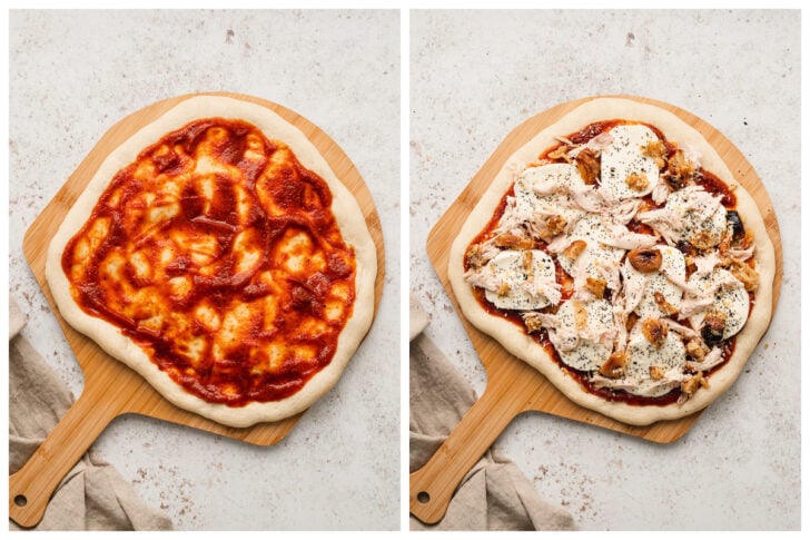 Two images showing the process of saucing and topping a savory pie.