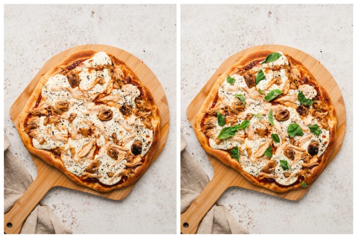 Two images showing a savory pie being finished.