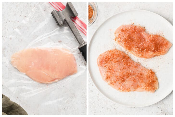 Two images showing the process of pounding out chicken breasts and seasoning them.