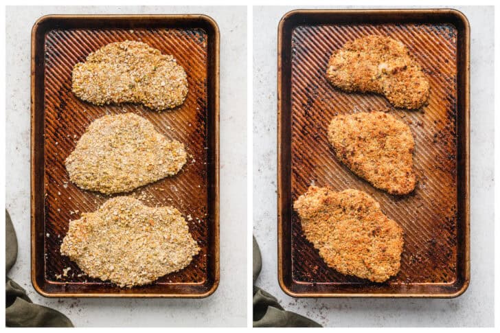 Two images showing pistachio crusted chicken before and after baking.