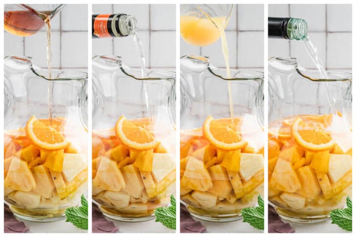 A series of four photos showing all of the liquids being poured into a pitcher of a fruity cocktail.