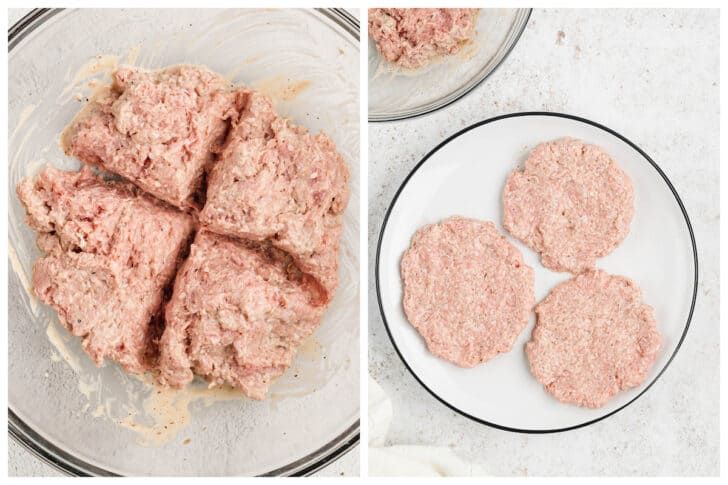 Before and after photos showing a raw meat mixture being formed into patties.