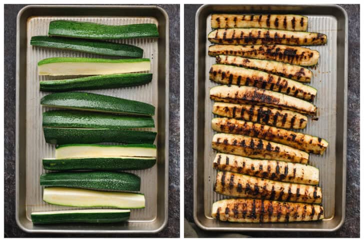 Before and after photos showing spears of summer squash cooked on grates.