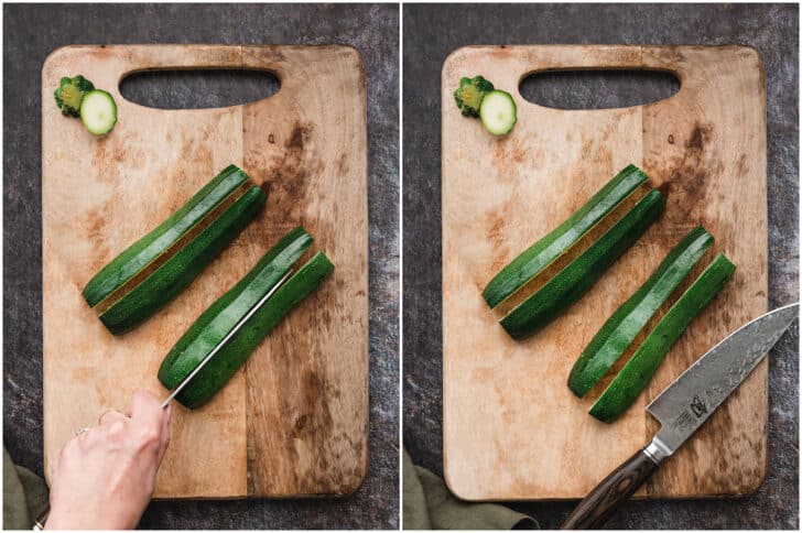 A hand using a chef's knife to cut a green summer squash on a wooden cutting board. The image is a collage. The photo on the left shows the person cutting two squash halves in half again lengthwise, and the photo on the right shows the result of that cut.